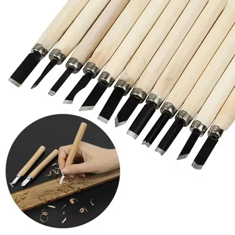 Twelve wood carving chisels with wooden handles and different blade shapes