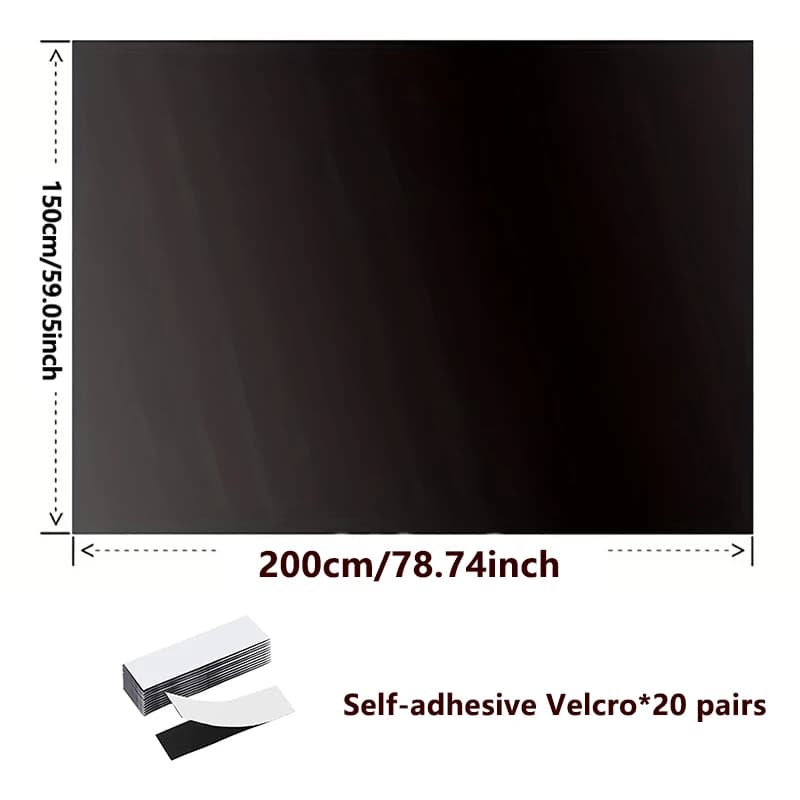 A black blackout cloth panel, 200 cm wide by 150 cm tall, with Velcro strips