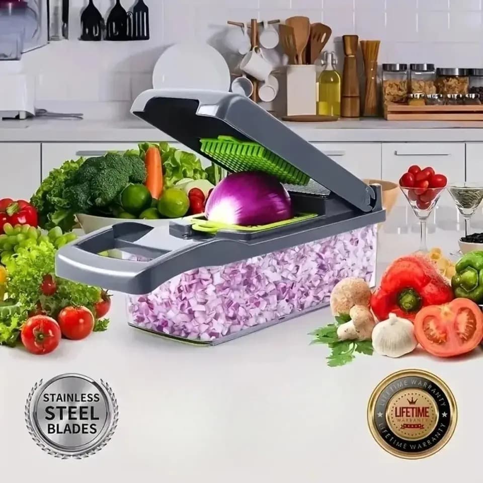 Onion being diced in one press using a vegetable chopper