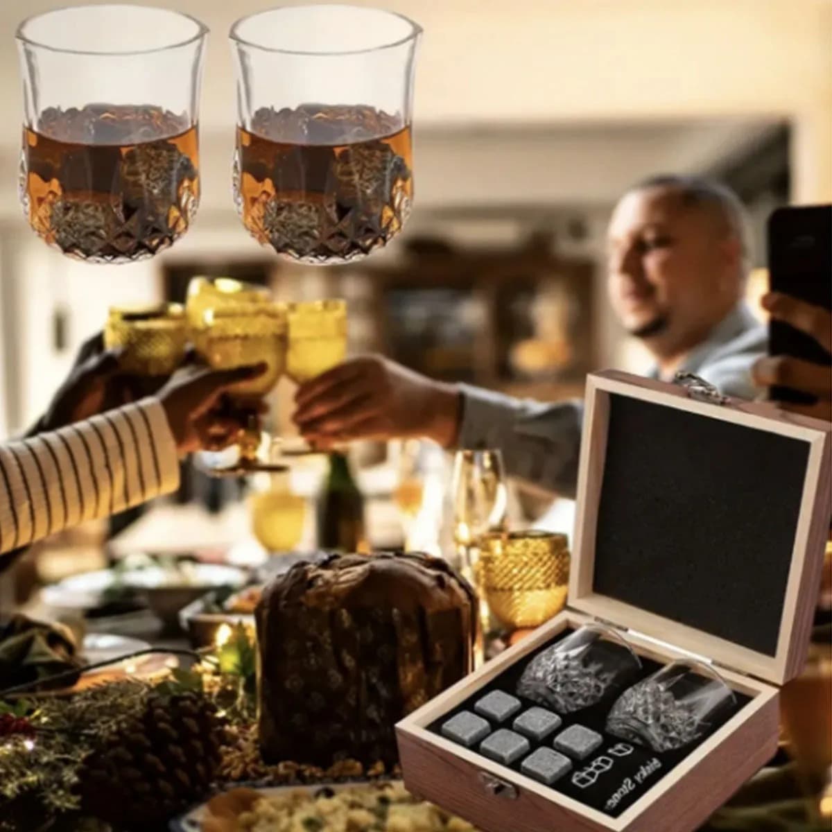 Whiskey served with soapstone cooling cubes in a rocks glass