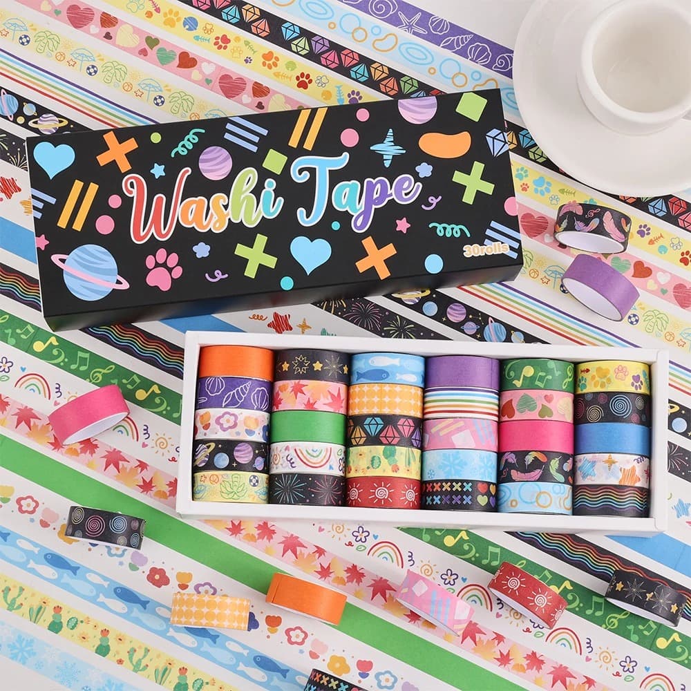 A set of 30 washi tape rolls in various colours and patterns