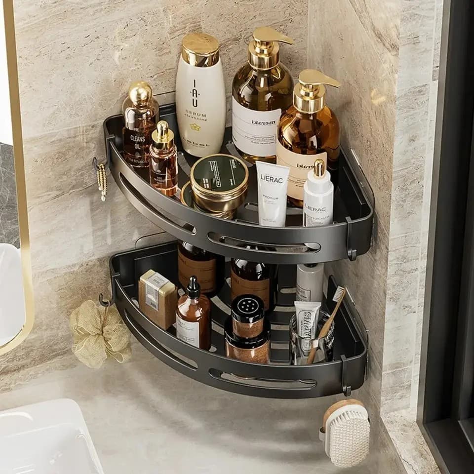 A corner shower shelf mounted on tiles without drilling