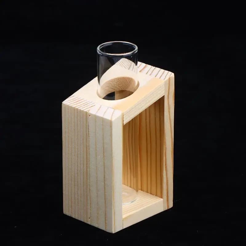 A wooden propagation stand holding a glass tube with a rooting cutting