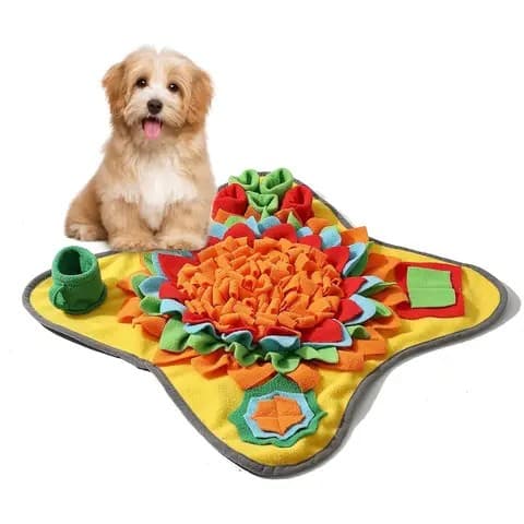 Dog sniffing through a fleece snuffle mat for hidden kibble