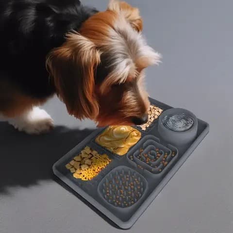 Dog licking food spread across a textured silicone mat