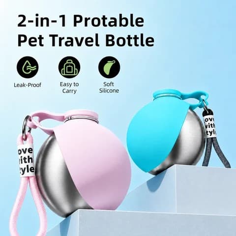 Dog drinking water from a portable bottle with a fold-out trough