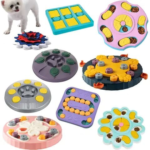 Dog nosing at food in a raised-pattern puzzle feeder bowl