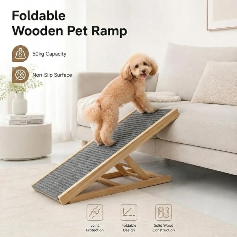 A small dog walking up a foldable wooden ramp onto a sofa