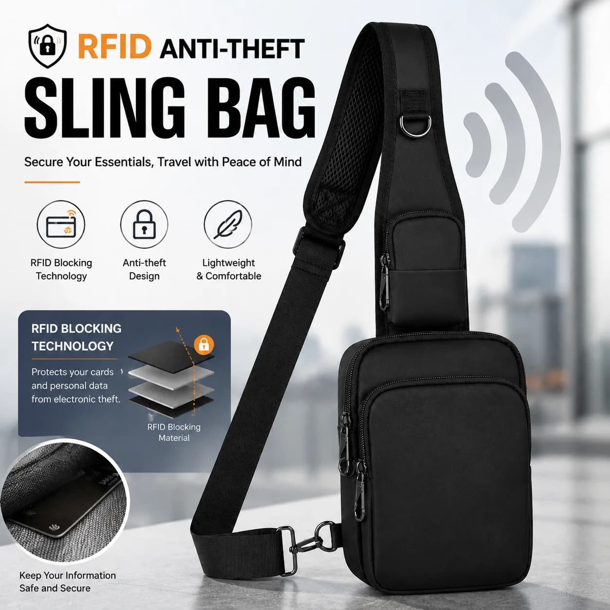 Anti-Theft Crossbody Sling Bag, Lockable Zips + RFID — supplier photograph of the product