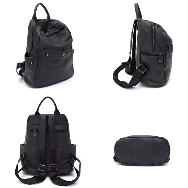 A black leather backpack shown from the front, side, back and base