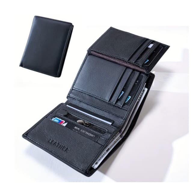 A black leather men's wallet closed and open, showing the card slots and zip coin pocket