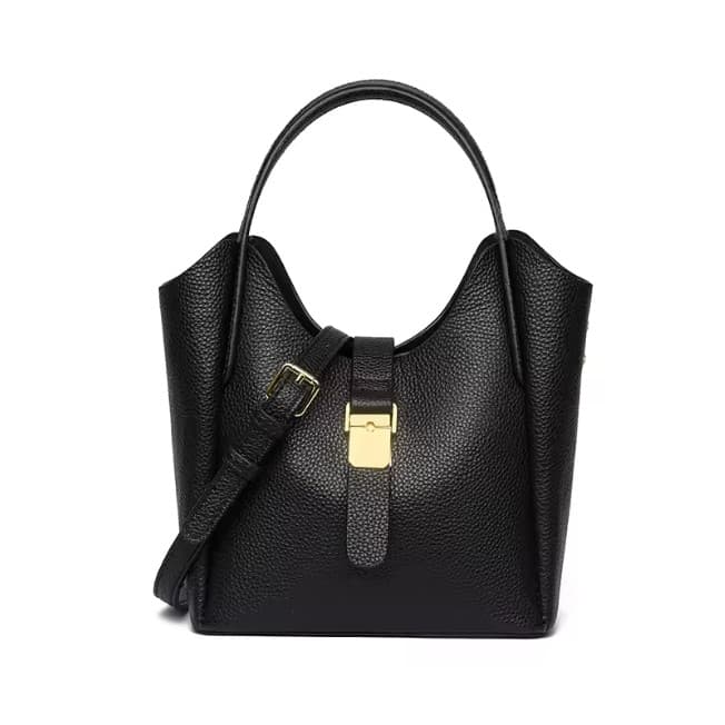 A black leather bucket bag with a gold clasp, top handle and shoulder strap